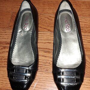 MeToo LEATHER BALLET FLATS 3/4" HEEL SQUARED TOE SILVER METAL BUCKLE SIZE 5M